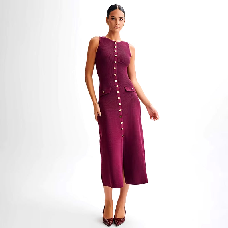 
                  
                    Elegant Sleeveless Single-Breasted Ribbed Knitwear Long Dress for Women High Waist Bodycon Knitted Fake Pocket Dress New
                  
                