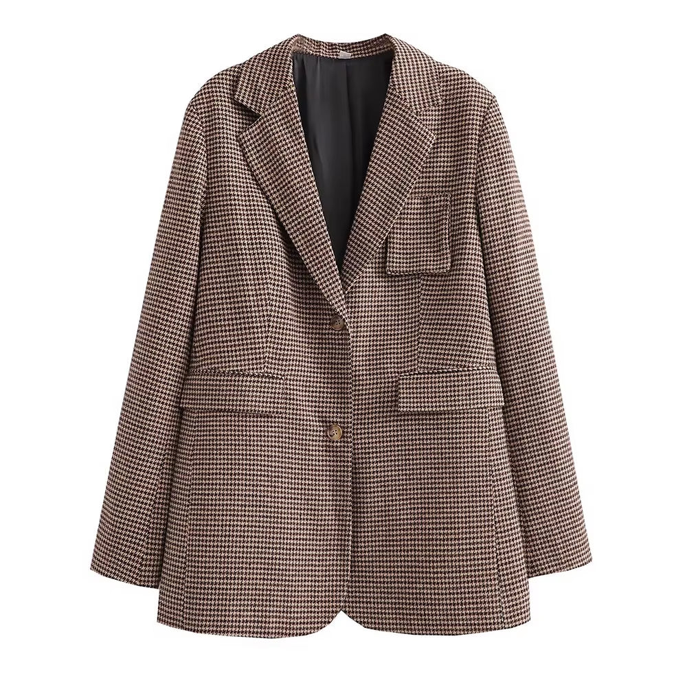 
                  
                    Women'S Autumn Fashion Retro Houndstooth Pattern Slim Blazer Chic V Neck Pocket Decoration Women'S Commuting Blazer
                  
                