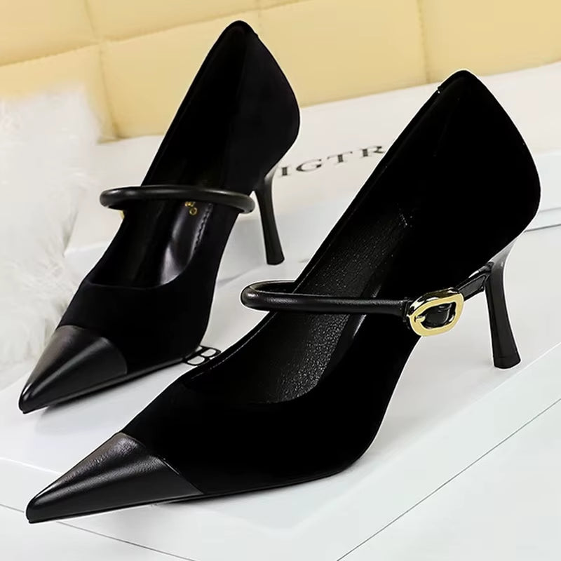 Shoes New Buckle Design Women Pumps Pointed Shoes High Heels Suede Stilettos Heels 7Cm 10Cm Ladies Shoes Large Size 43