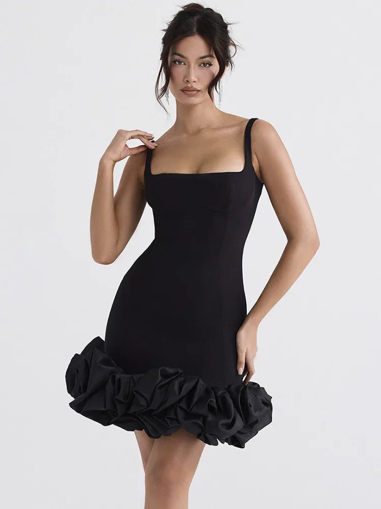 Black Ruffle - Hem Spaghetti Strap Mini Dress - Gentevra