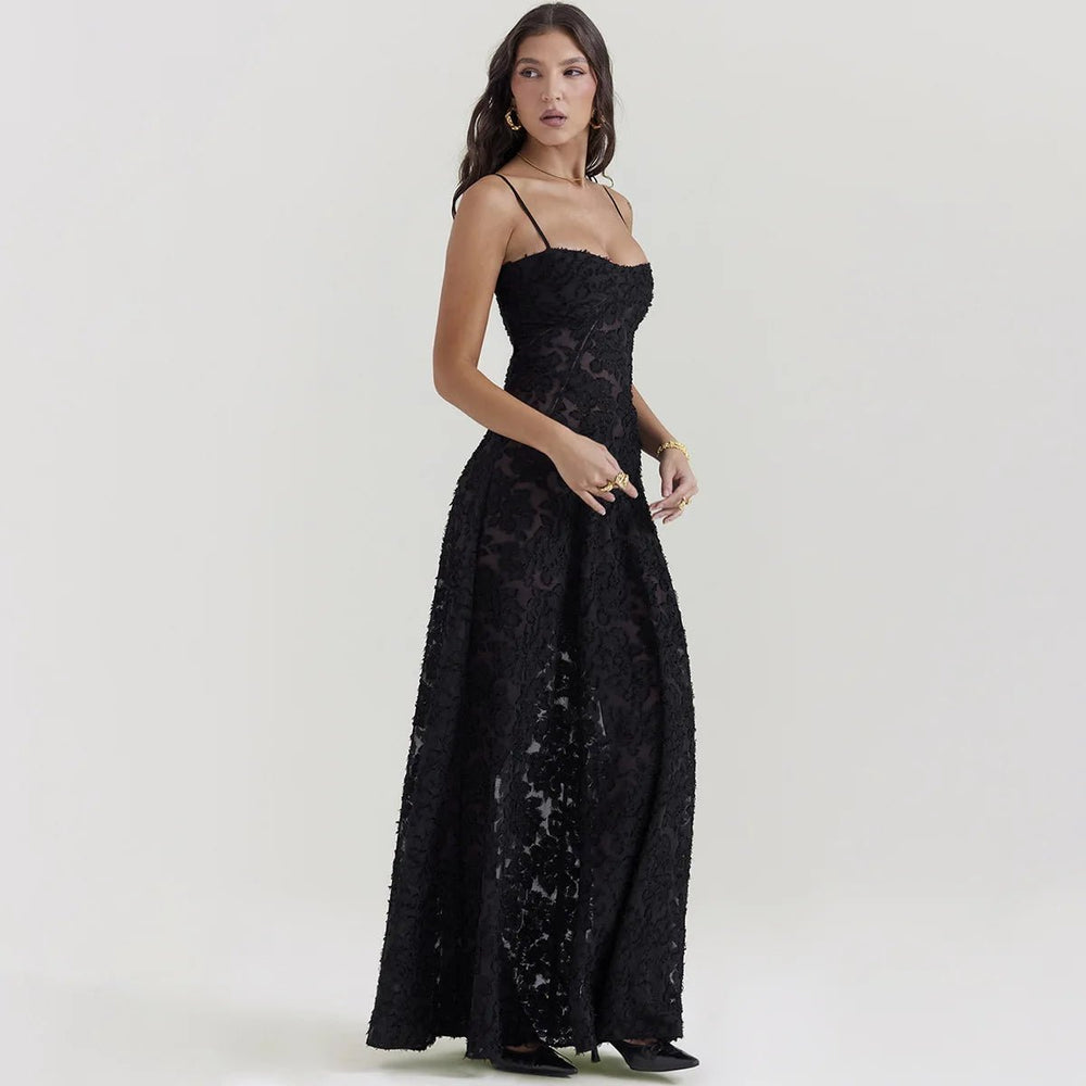 
                  
                    Black Spaghetti Strap Embroidered Maxi Dress - Gentevra
                  
                