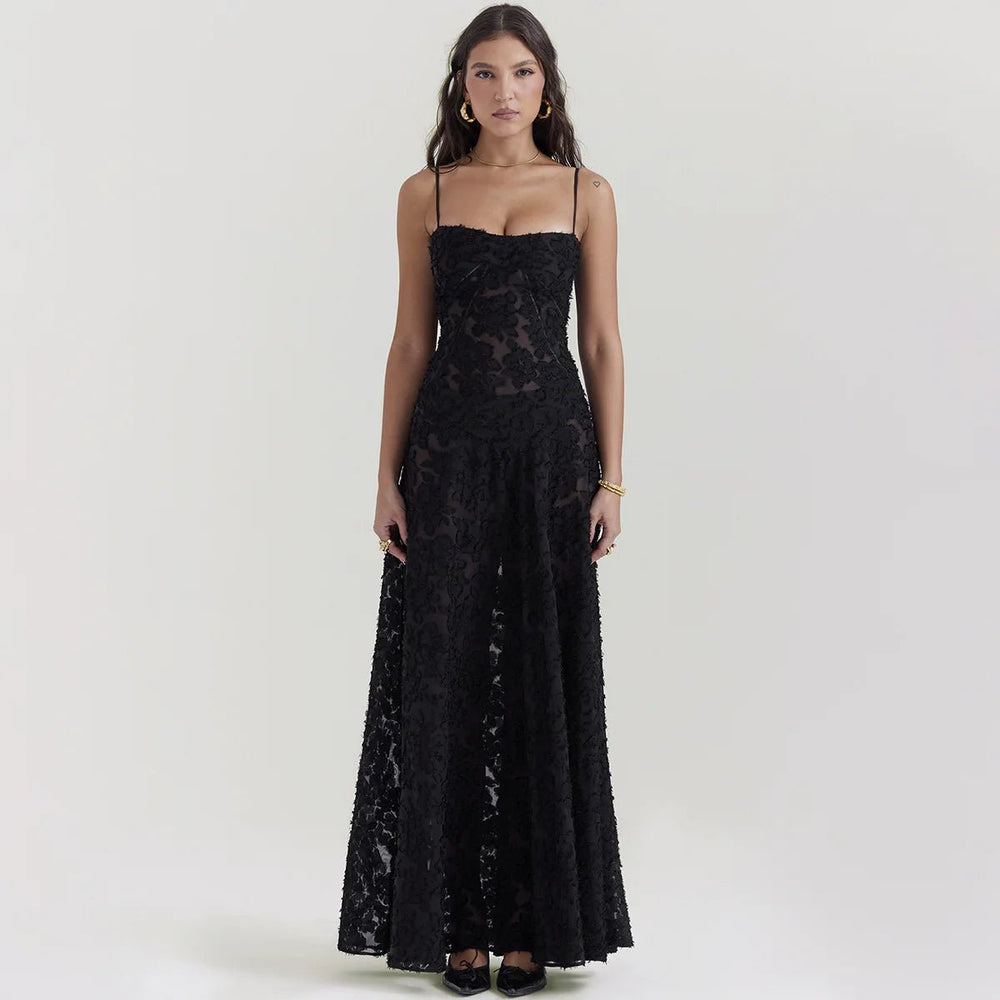 
                  
                    Black Spaghetti Strap Embroidered Maxi Dress - Gentevra
                  
                