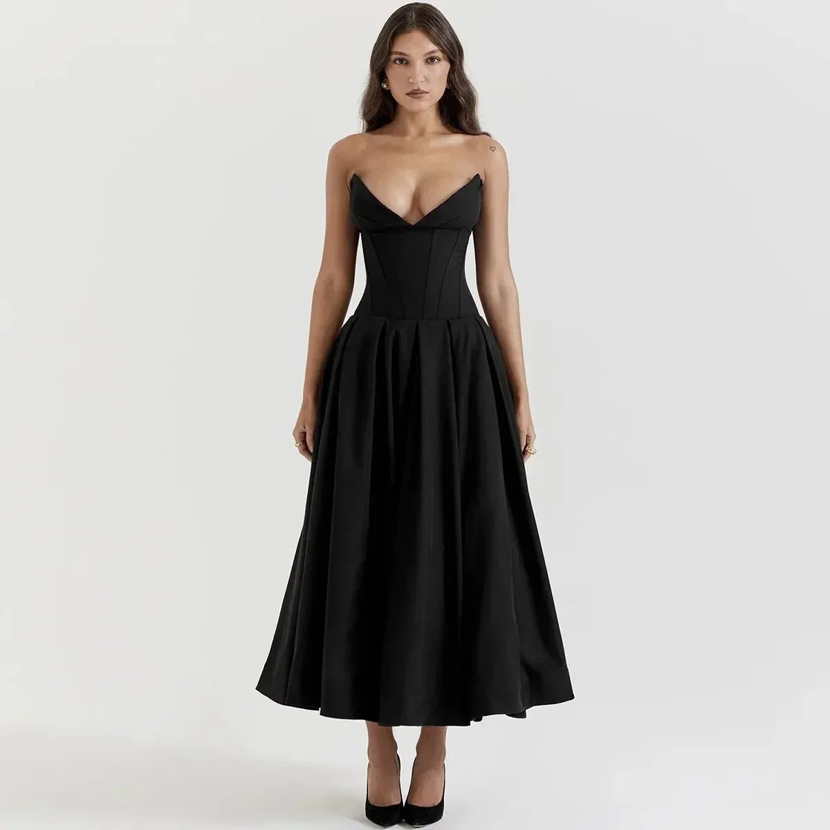 Black Strapless Corset Midi Dress - Gentevra