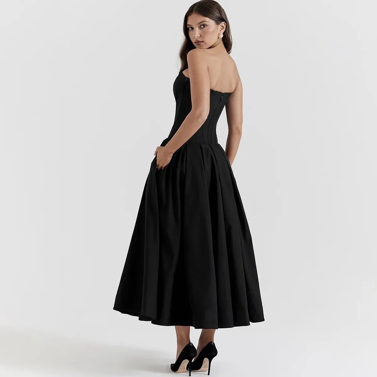 Black Strapless Corset Midi Dress - Gentevra