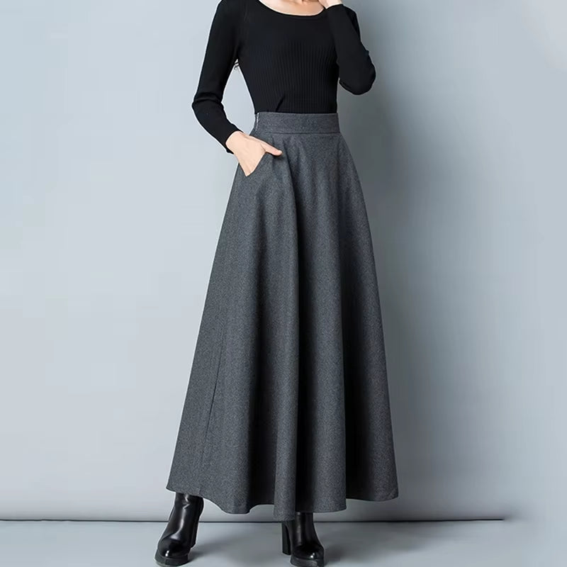 
                  
                    New Winter Women'S Long Woolen Skirt Elegant High Waist Wool a Line Skirts Female Casual Thick Warm Pocket Maxi Skirts
                  
                