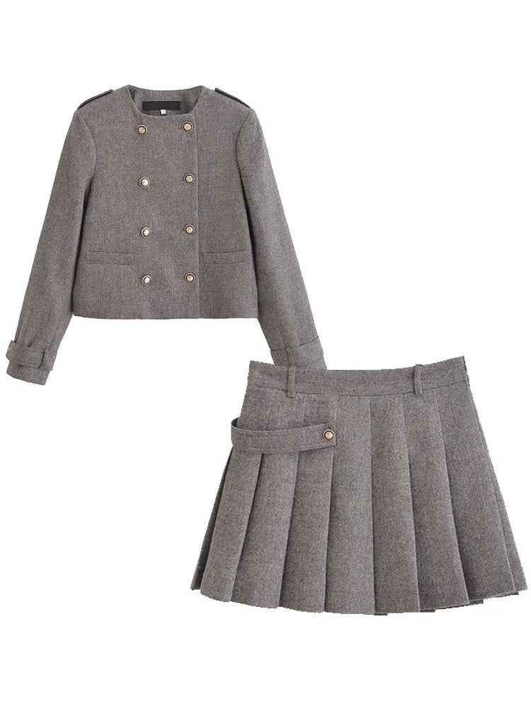 Double - Breasted Blazer & Pleated Skirt Set - Gentevra