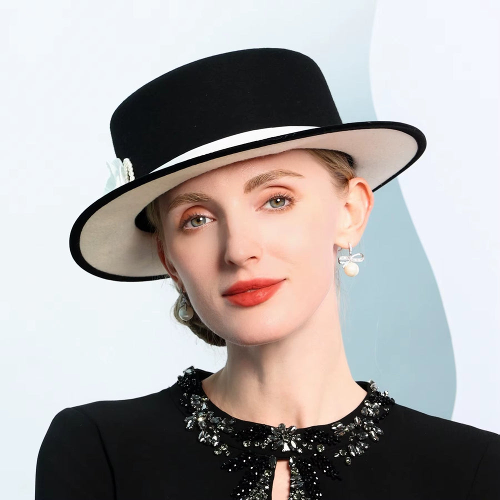 Elegant Black & White Wide Brim Hat - Gentevra