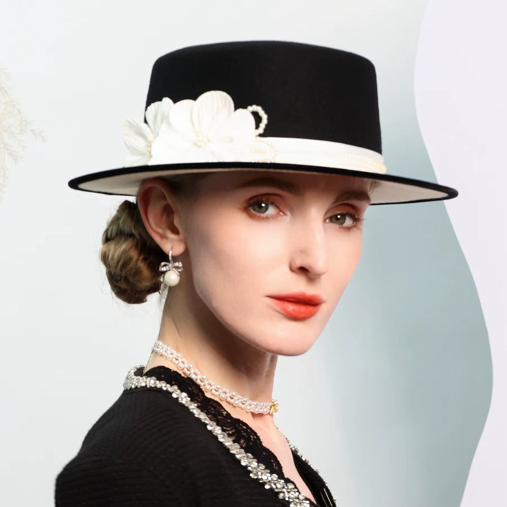 
                  
                    Elegant Black & White Wide Brim Hat - Gentevra
                  
                