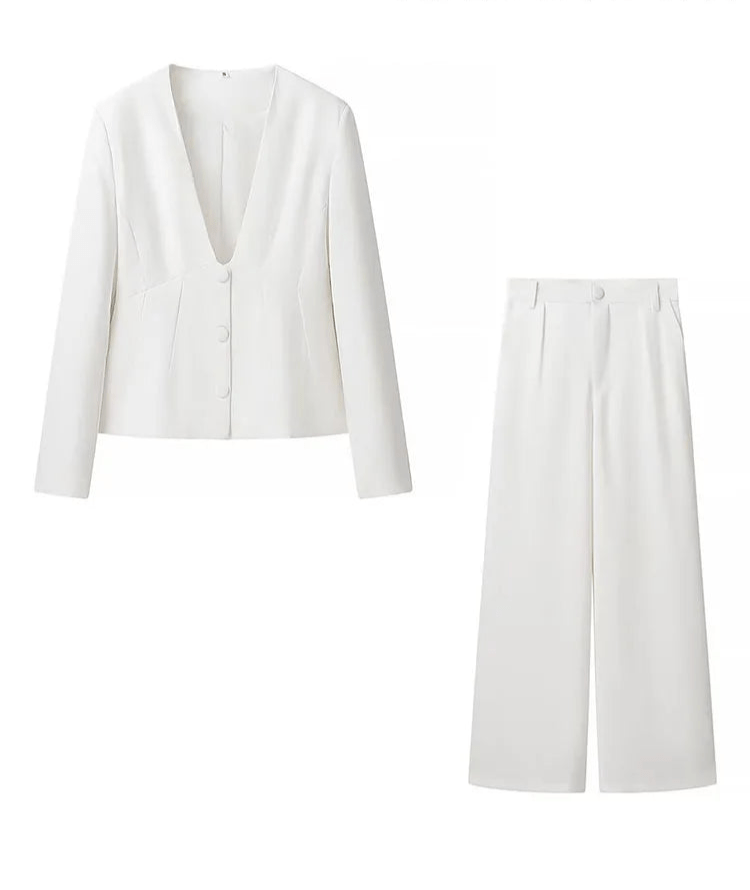 
                  
                    Elegant White V - Neck Pant Suit Set - Gentevra
                  
                