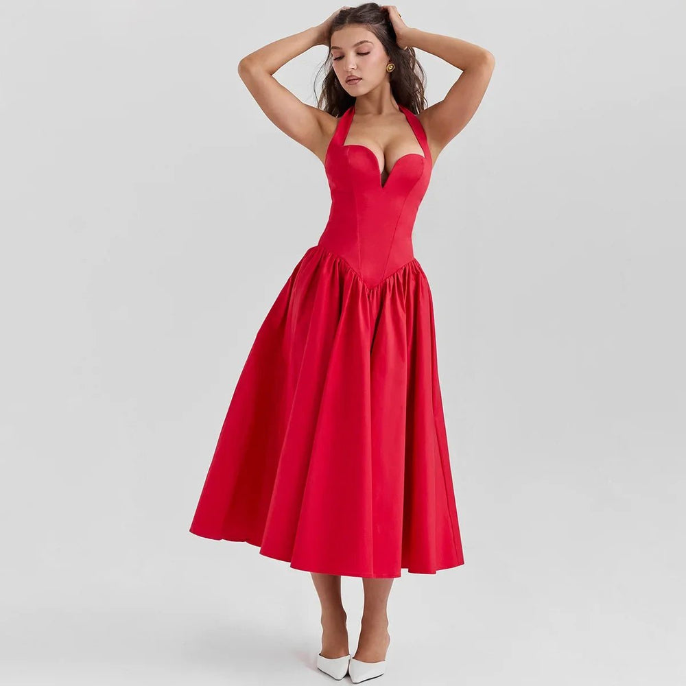 
                  
                    Red Halter Fit and Flare Bodycon Dress - Gentevra
                  
                