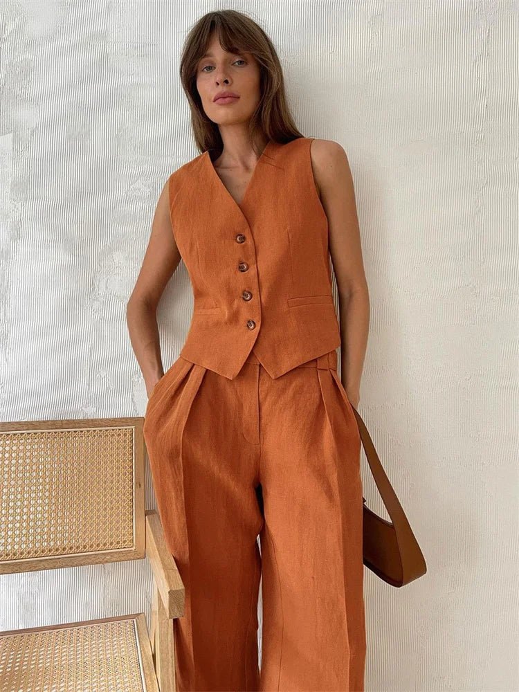 
                  
                    Sleeveless Tailored Vest & Wide - Leg Pants Set - Gentevra
                  
                